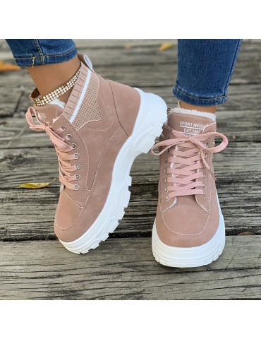 Women's Platform Sneakers, Casual Lace Up Plush Lined Shoes, Comfortable High Top Shoes