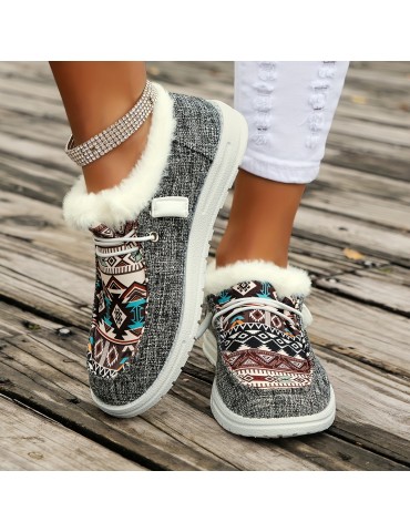 Women's Tribal Pattern Canvas Shoes, Winter Plush Lined Low Top Sneakers, Thermal Outdoor Walking Flat Shoes