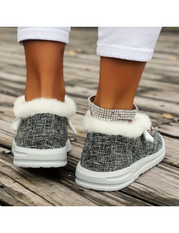 Women's Tribal Pattern Canvas Shoes, Winter Plush Lined Low Top Sneakers, Thermal Outdoor Walking Flat Shoes