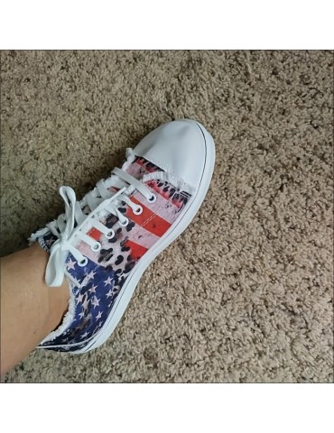 Women's Star & Striped Print Sneakers, Casual Lace Up Outdoor Shoes, Lightweight The 4th Of July Shoes