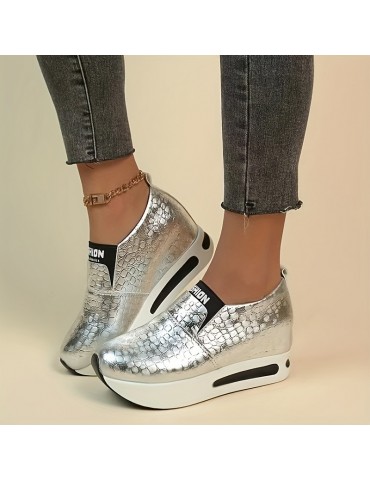 Women's Crocodile Pattern Platform Sneakers, Fashion Slip On Outdoor Shoes, Comfortable Low Top Shoes