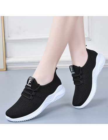 Women's Solid Color Knitted Sneakers, Lace Up Breathable Platform Comfy Sporty Trainers, Versatile Low-top Running Shoes