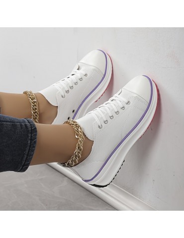 Women's Platform Canvas Sneakers, Solid Color Lace Up Low Top Walking Trainers, Casual Outdoor Sports Shoes