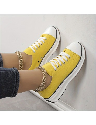 Women's Platform Canvas Sneakers, Solid Color Lace Up Low Top Walking Trainers, Casual Outdoor Sports Shoes