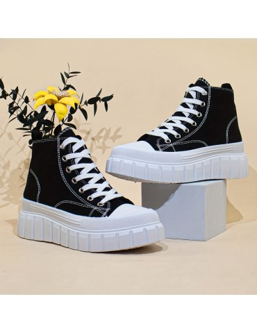 Women's Solid Color Canvas Shoes, Lace Up Comfy Platform Casual Shoes, Versatile High-top Shoes
