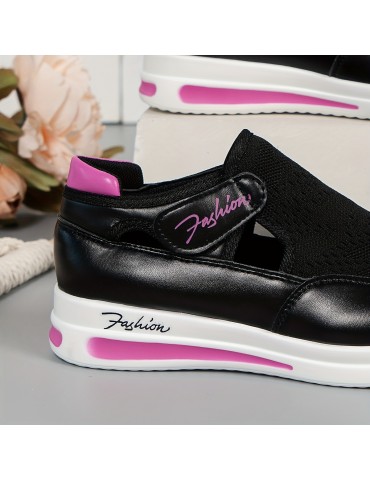 Women's Breathable Knit Platform Sneakers, Casual Hook & Loop Outdoor Shoes, Comfortable Cutout Shoes