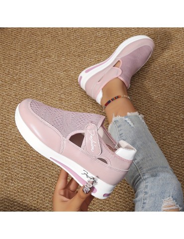Women's Breathable Knit Platform Sneakers, Casual Hook & Loop Outdoor Shoes, Comfortable Cutout Shoes
