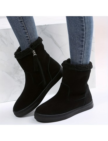 Women's Solid Color Short Boots, Casual Side Zipper Plush Lined Boots, Women's Comfortable Boots