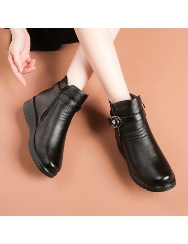 Women's Solid Color Platform Boots, Side Zipper Lined Fuzzy Non-slip Soft Boots, Winter Snow Casual & Comfy Shoes