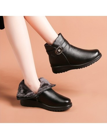Women's Solid Color Platform Boots, Side Zipper Lined Fuzzy Non-slip Soft Boots, Winter Snow Casual & Comfy Shoes