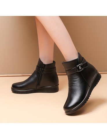 Women's Solid Color Platform Boots, Side Zipper Lined Fuzzy Non-slip Soft Boots, Winter Snow Casual & Comfy Shoes