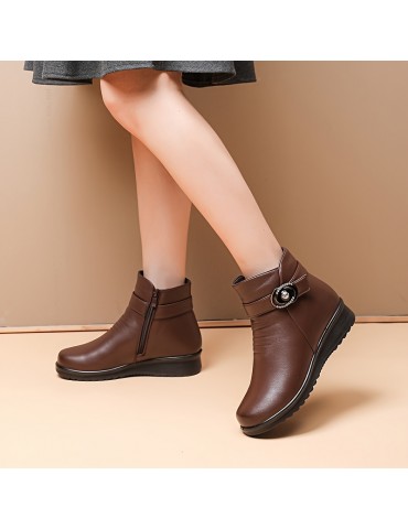 Women's Solid Color Platform Boots, Side Zipper Lined Fuzzy Non-slip Soft Boots, Winter Snow Casual & Comfy Shoes