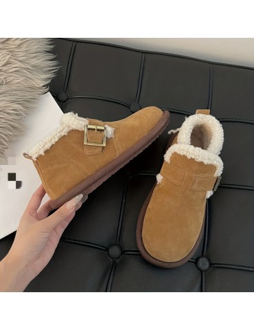 Women's Thermal Lined Flat Boots, Buckle Decor Soft Sole Winter Warm Shoes, Versatile Plush Non-slip Shoes