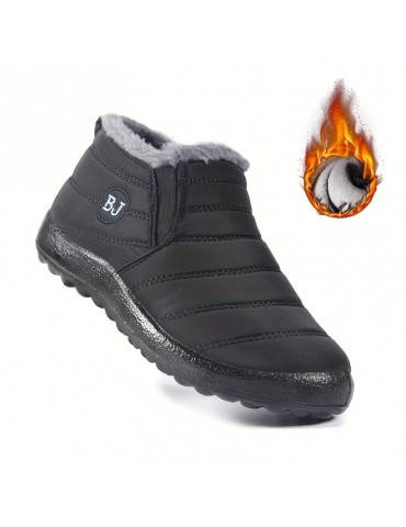 Women's Solid Color Flatform Boots, Slip On High-top Round Toe Non-slip Waterproof Velvet Warm Shoes, Plush Fluffy Shoes