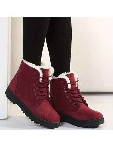 Women's Solid Color Platform Boots, Lace Up Velvet Warm Fluffy Non-slip Round Toe Outdoor Shoes, Winter Snow Boots