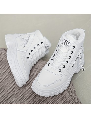 Women's Classic Platform Short Boots, Fashion Lace Up Plush Lined Boots, Comfortable Winter Ankle Boots