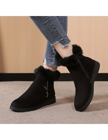 Women's Solid Color Fluffy Boots, Side Zipper Thermal Lined Platform Warm Shoes, Winter Plush Snow Ankle Shoes