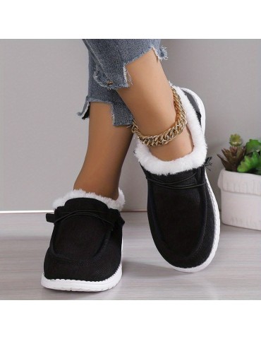 Women's Solid Color Boots, Slip On Round Toe Low-top Velvet Warm Fluffy Non-slip Soft Sole Shoes, Winter Comfy Shoes