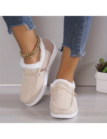 Women's Solid Color Boots, Slip On Round Toe Low-top Velvet Warm Fluffy Non-slip Soft Sole Shoes, Winter Comfy Shoes