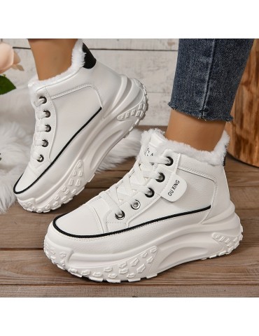 Women's Plush Lined Ankle Boots, Fashion Heightening Lace Up Platform Boots, Winter Warm Outdoor Short Boots