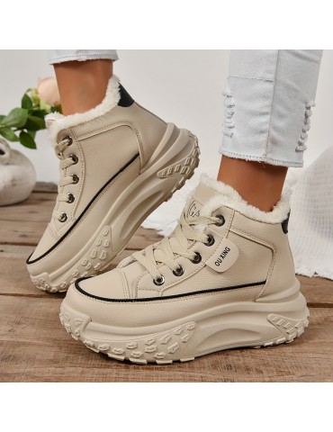 Women's Plush Lined Ankle Boots, Fashion Heightening Lace Up Platform Boots, Winter Warm Outdoor Short Boots