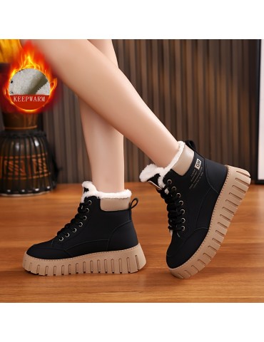 Women's Solid Color Fluffy Boots, Lace Up Soft Sole Platform Plush Lined Boots, Non-slip Winter Snow Boots