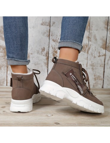 Women's Platform Short Boots, Casual Lace Up Plush Lined Winter Boots, Comfortable Side Zipper Ankle Boots
