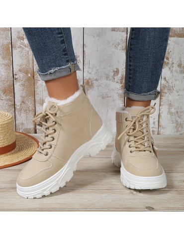 Women's Platform Short Boots, Casual Lace Up Plush Lined Winter Boots, Comfortable Side Zipper Ankle Boots