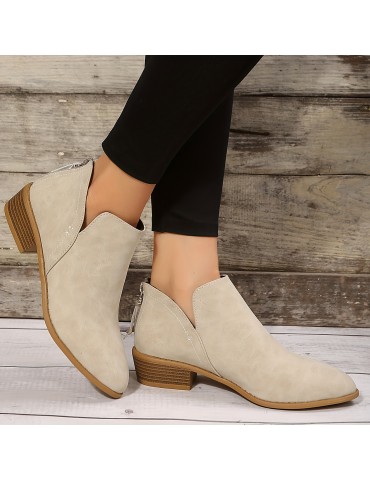 Women's Chunky Heeled Ankle Boots, Pointed Toe Zipper Stacked Heeled Shoes, Retro Short Boots