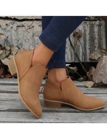 Women's Chunky Heeled Ankle Boots, Pointed Toe Zipper Stacked Heeled Shoes, Retro Short Boots