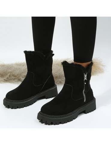 Women's Plush Lined Snow Boots, Side Zipper Solid Color Suedette Short Boots, Winter Warm Outdoor Boots