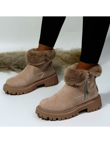Women's Plush Lined Snow Boots, Side Zipper Solid Color Suedette Short Boots, Winter Warm Outdoor Boots