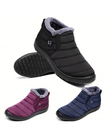 Women's Solid Color Snow Boots, Casual Slip On Plush Lined Short Boots, Comfortable Ankle Booties