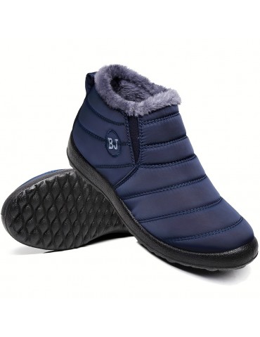Women's Solid Color Snow Boots, Casual Slip On Plush Lined Short Boots, Comfortable Ankle Booties