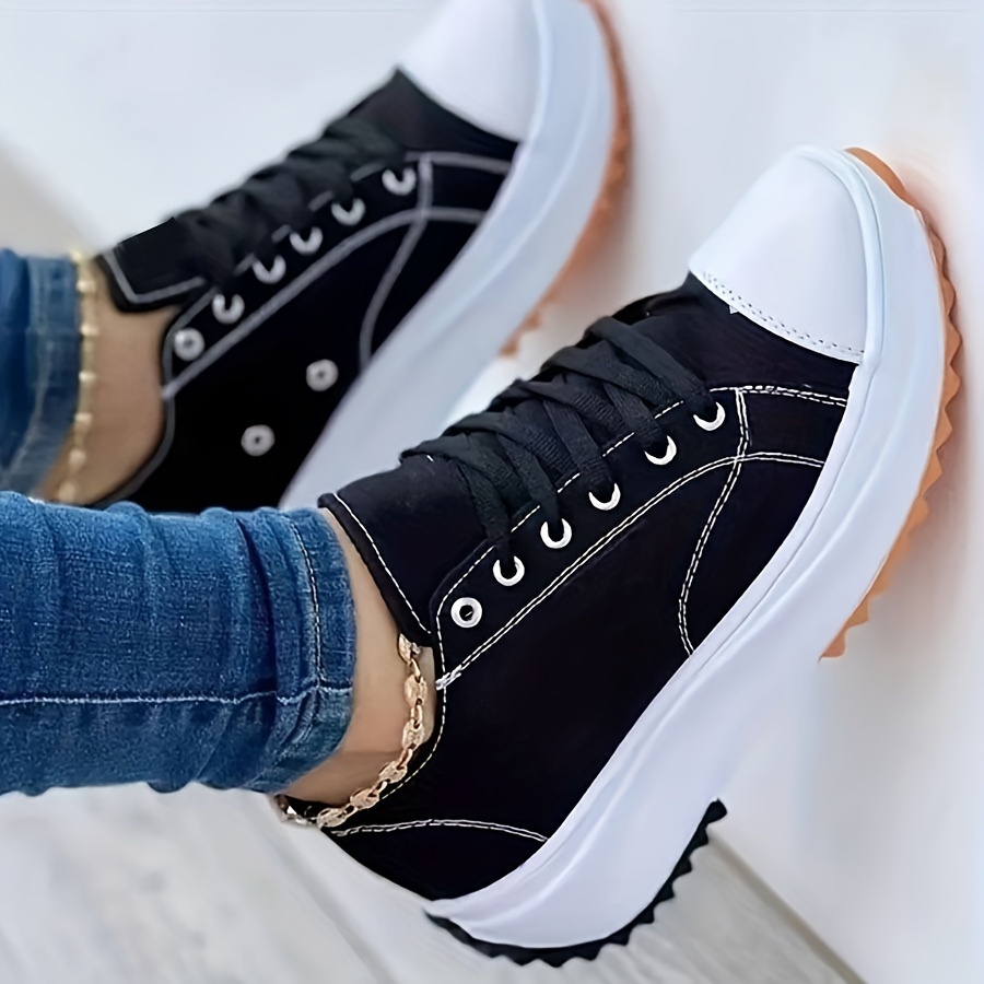womens solid color trendy sneakers lace up soft sole platform casual walking shoes versatile low top canvas shoes details 0