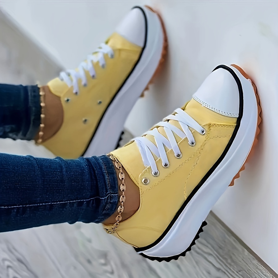 platform canvas sneakers, womens platform canvas sneakers casual solid color lace up trainers all match walking sports shoes details 1