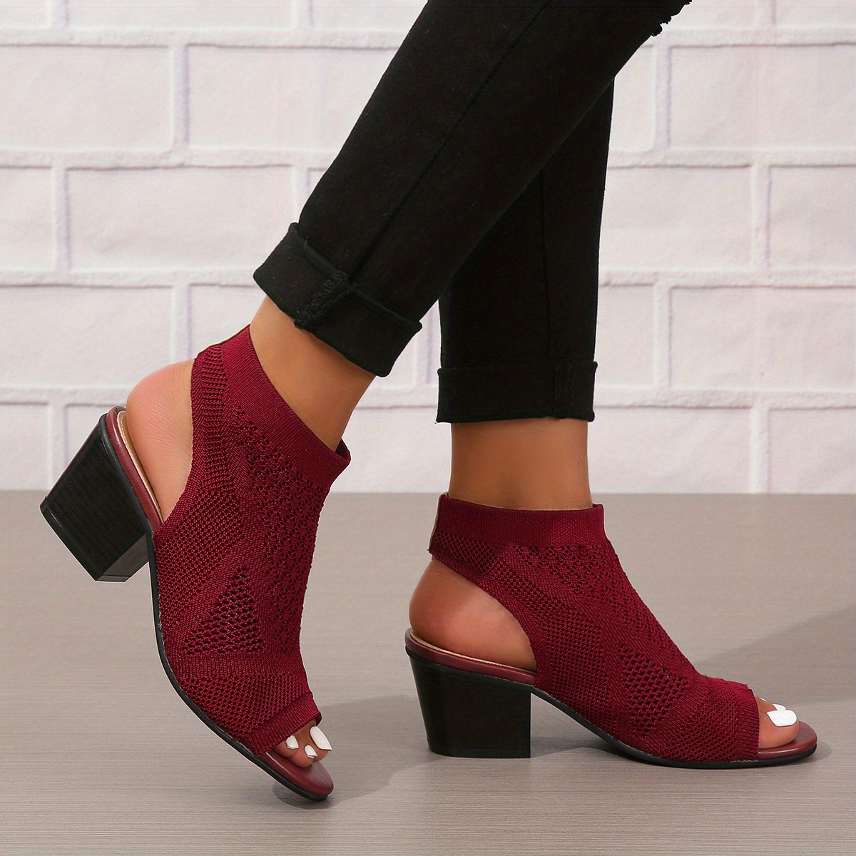 womens chunky heeled sandals knitting peep toe slip on slingback low heels fashion fabric sandals details 3