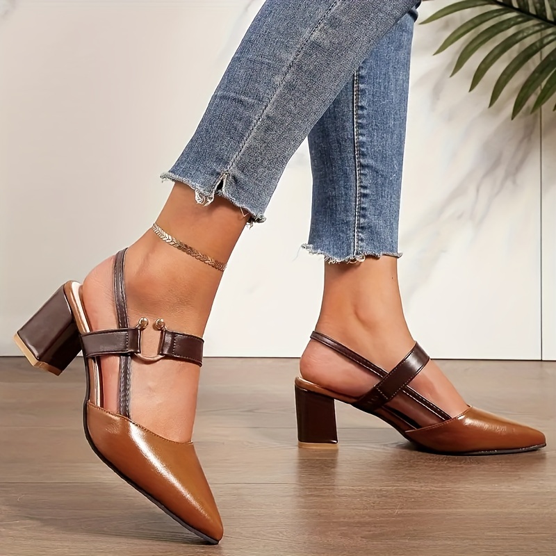 womens colorblock sandals ankle buckle strap comfy block heel shoes trendy point toe shoes details 2