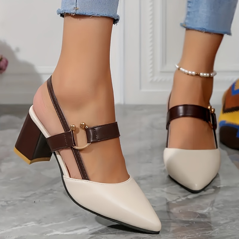 womens colorblock sandals ankle buckle strap comfy block heel shoes trendy point toe shoes details 3