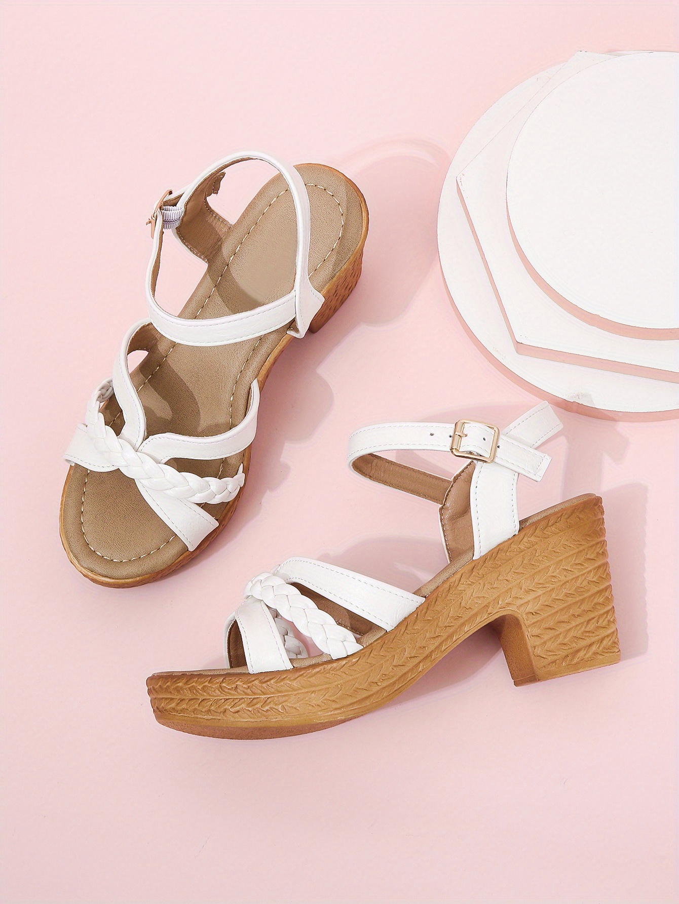 womens braided chunky heel sandals casual buckle strap summer shoes fashion dress pumps details 8