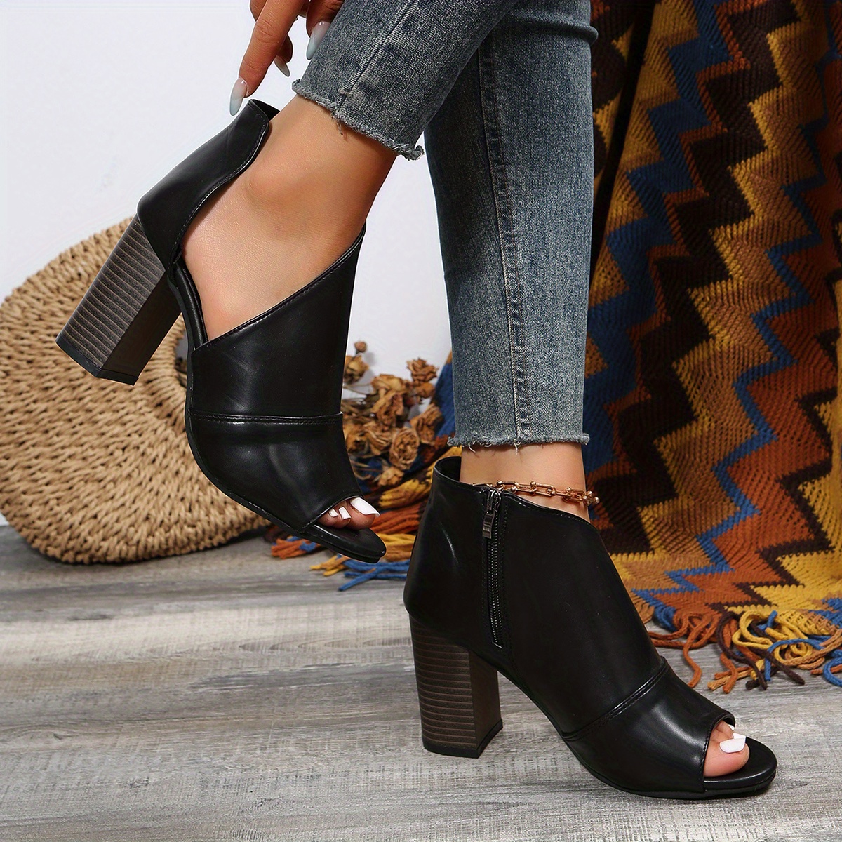 womens block heeled sandals fashion peep toe side zipper pumps comfortable summer sandals details 6