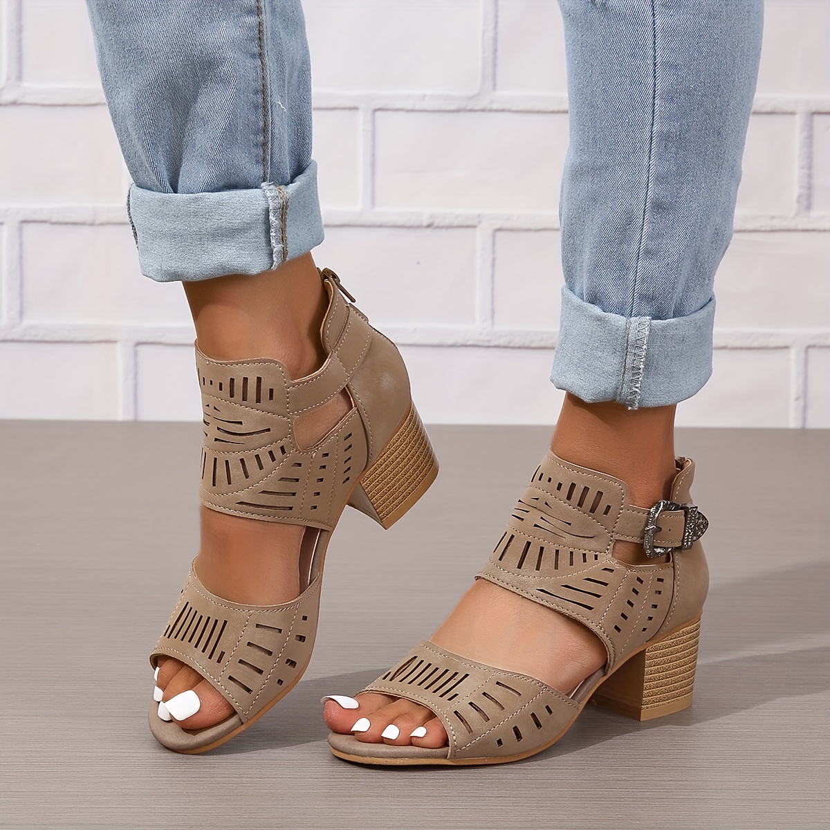 chunky heeled sandals, womens chunky heeled sandals peep toe perforated ankle buckle strap mid heels back zipper design sandals details 0