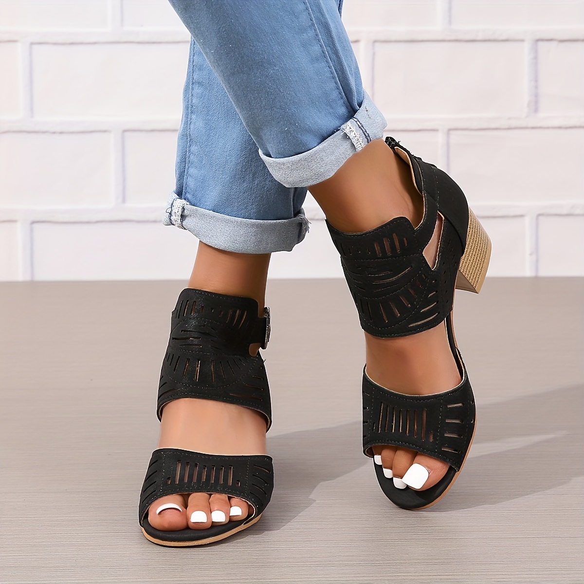 chunky heeled sandals, womens chunky heeled sandals peep toe perforated ankle buckle strap mid heels back zipper design sandals details 5