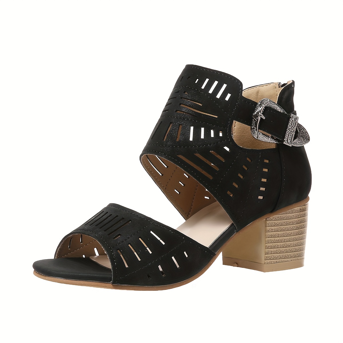 chunky heeled sandals, womens chunky heeled sandals peep toe perforated ankle buckle strap mid heels back zipper design sandals details 8