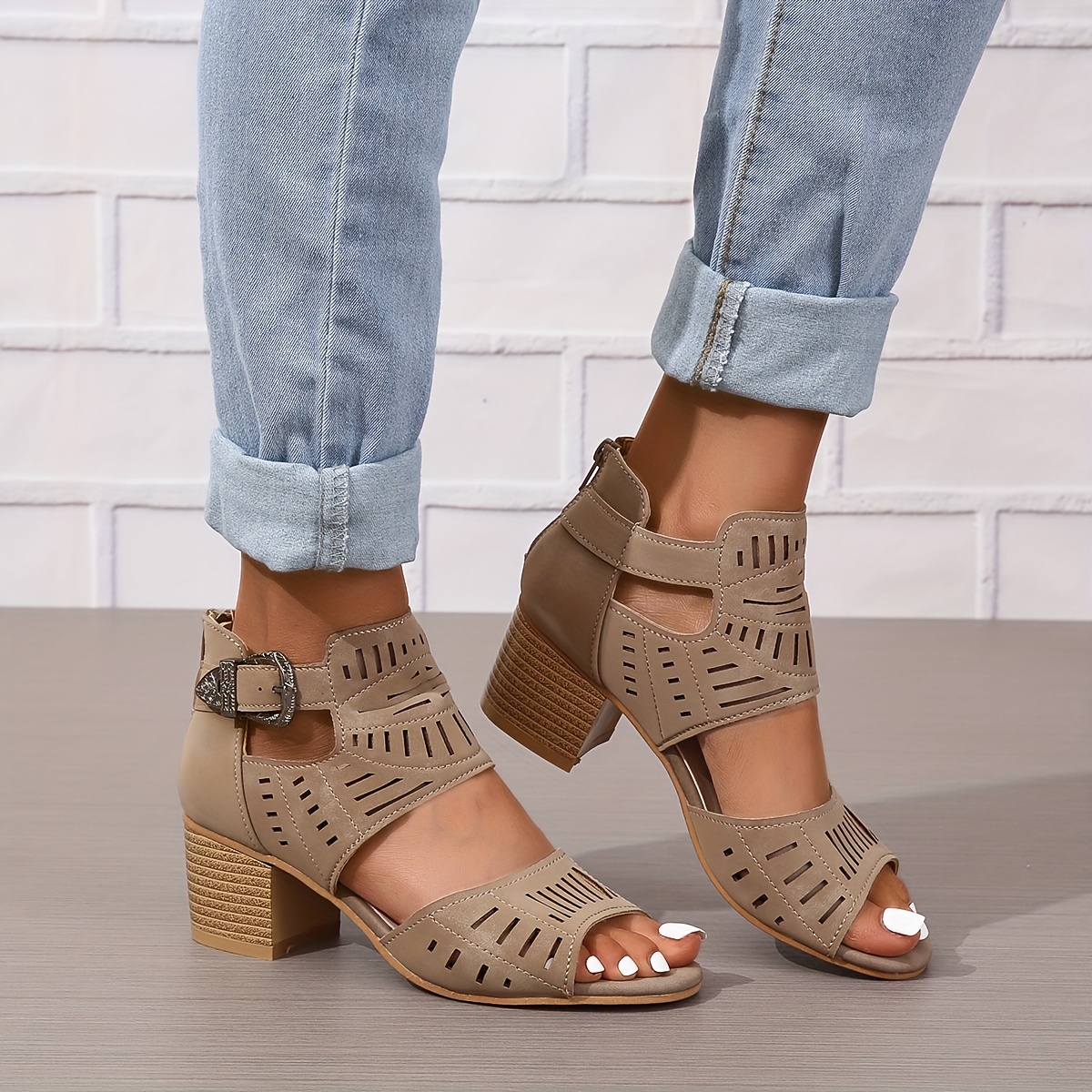 chunky heeled sandals, womens chunky heeled sandals peep toe perforated ankle buckle strap mid heels back zipper design sandals details 9
