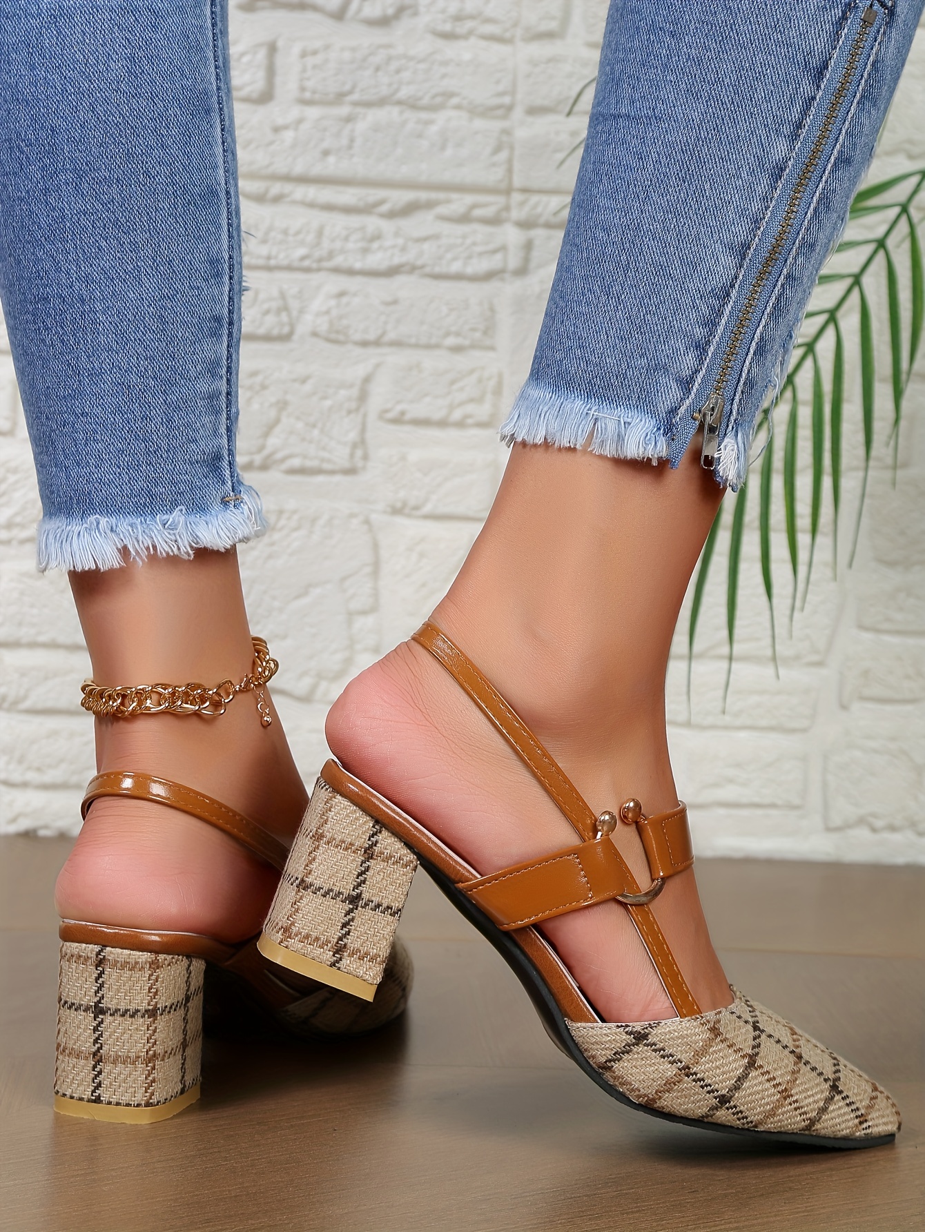 womens chunky heeled sandals plaid pointed toe slingback mid heels versatile sandals details 6