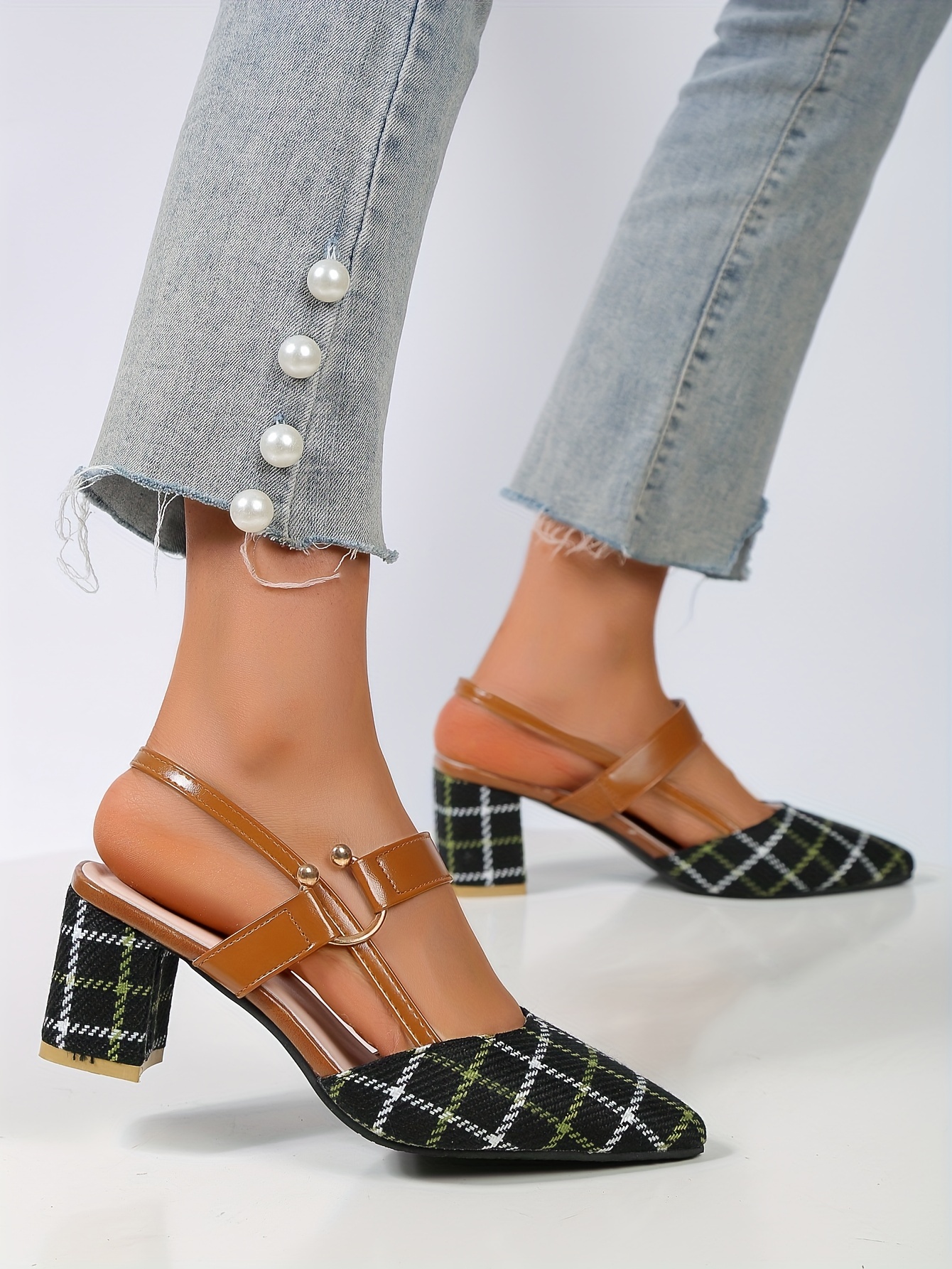 womens chunky heeled sandals plaid pointed toe slingback mid heels versatile sandals details 8
