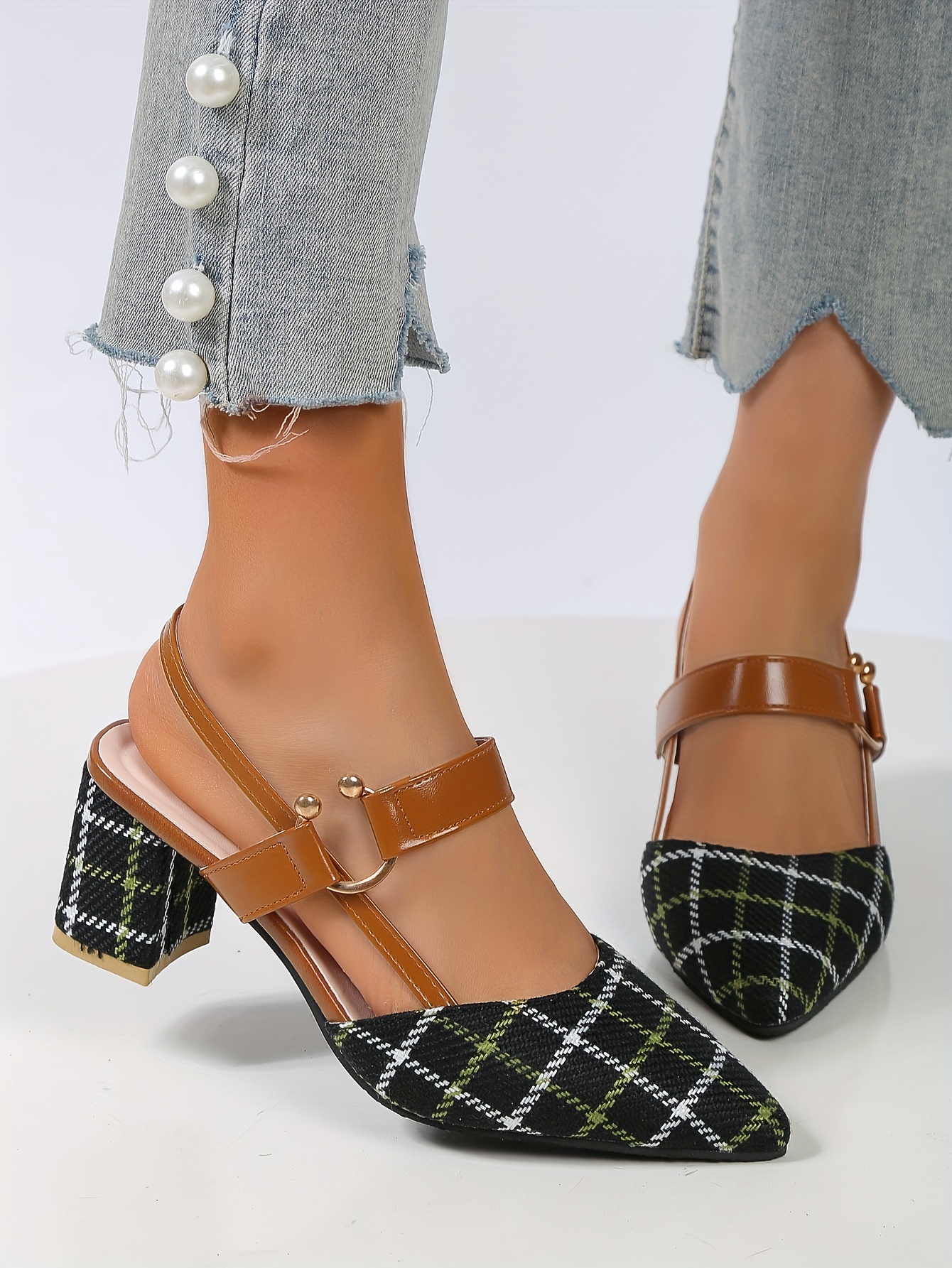 womens chunky heeled sandals plaid pointed toe slingback mid heels versatile sandals details 9