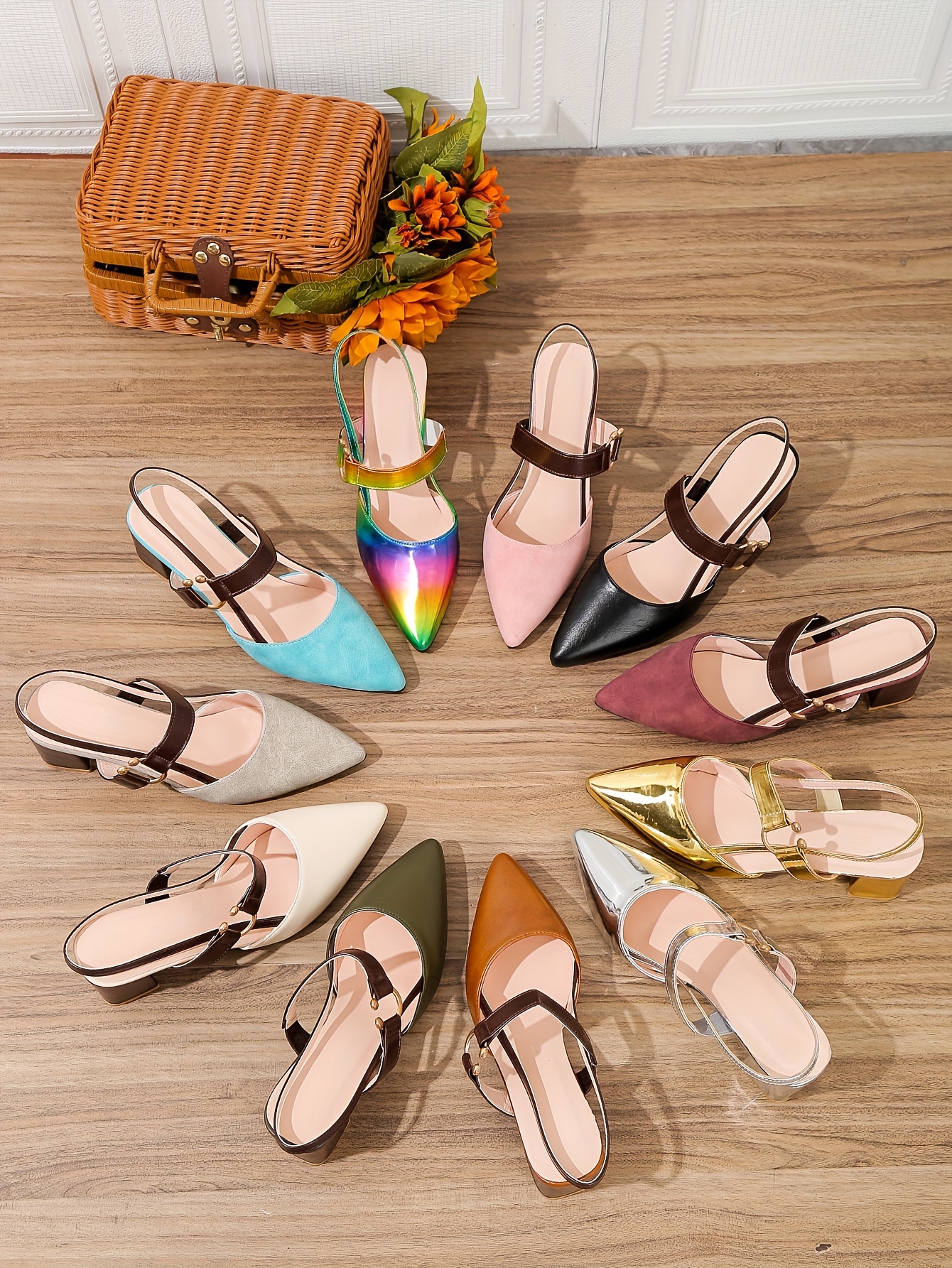 womens pointed toe block high heel sandals fashion solid color slingback shoes versatile mid heels details 0