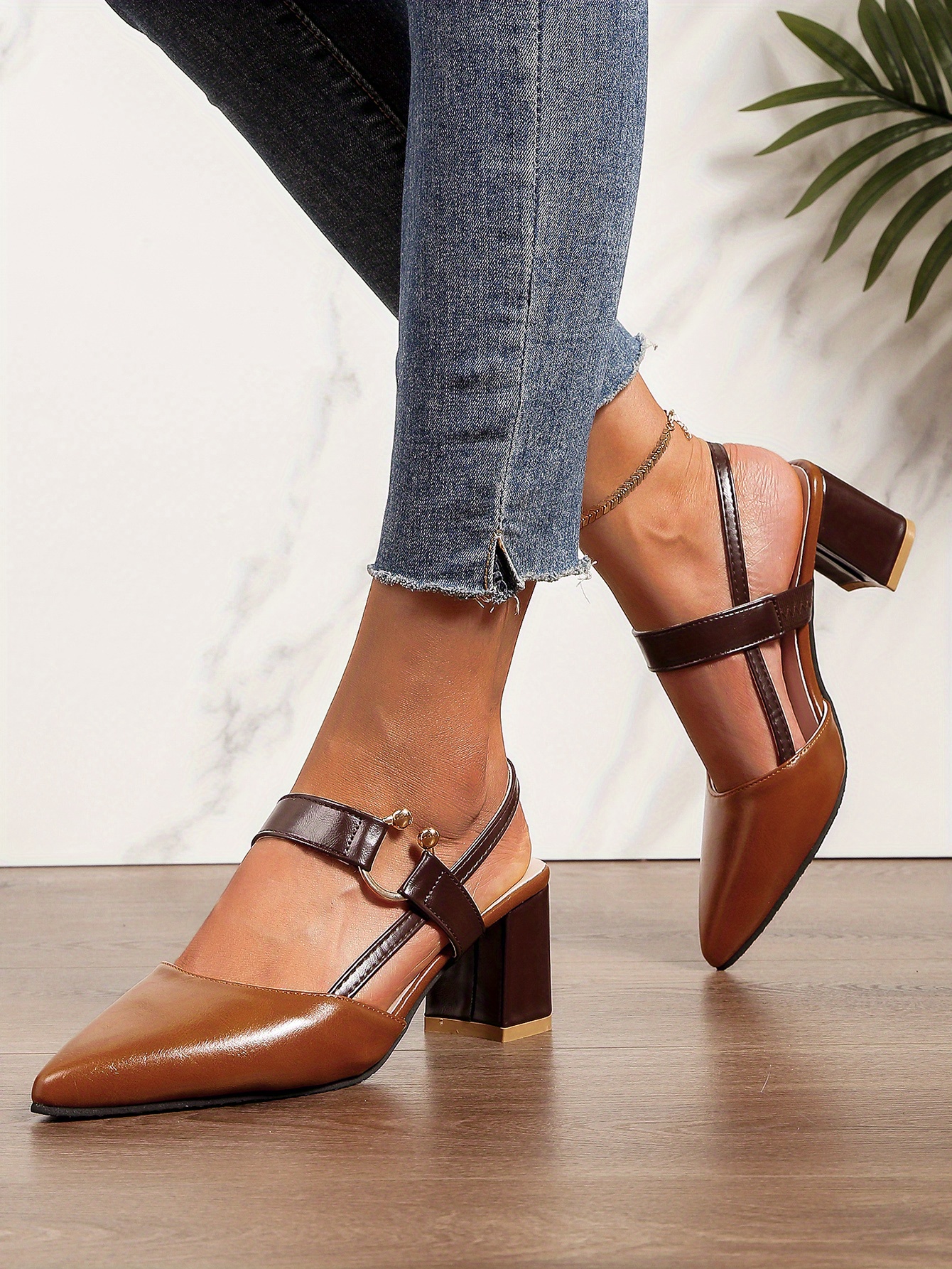 womens pointed toe block high heel sandals fashion solid color slingback shoes versatile mid heels details 13